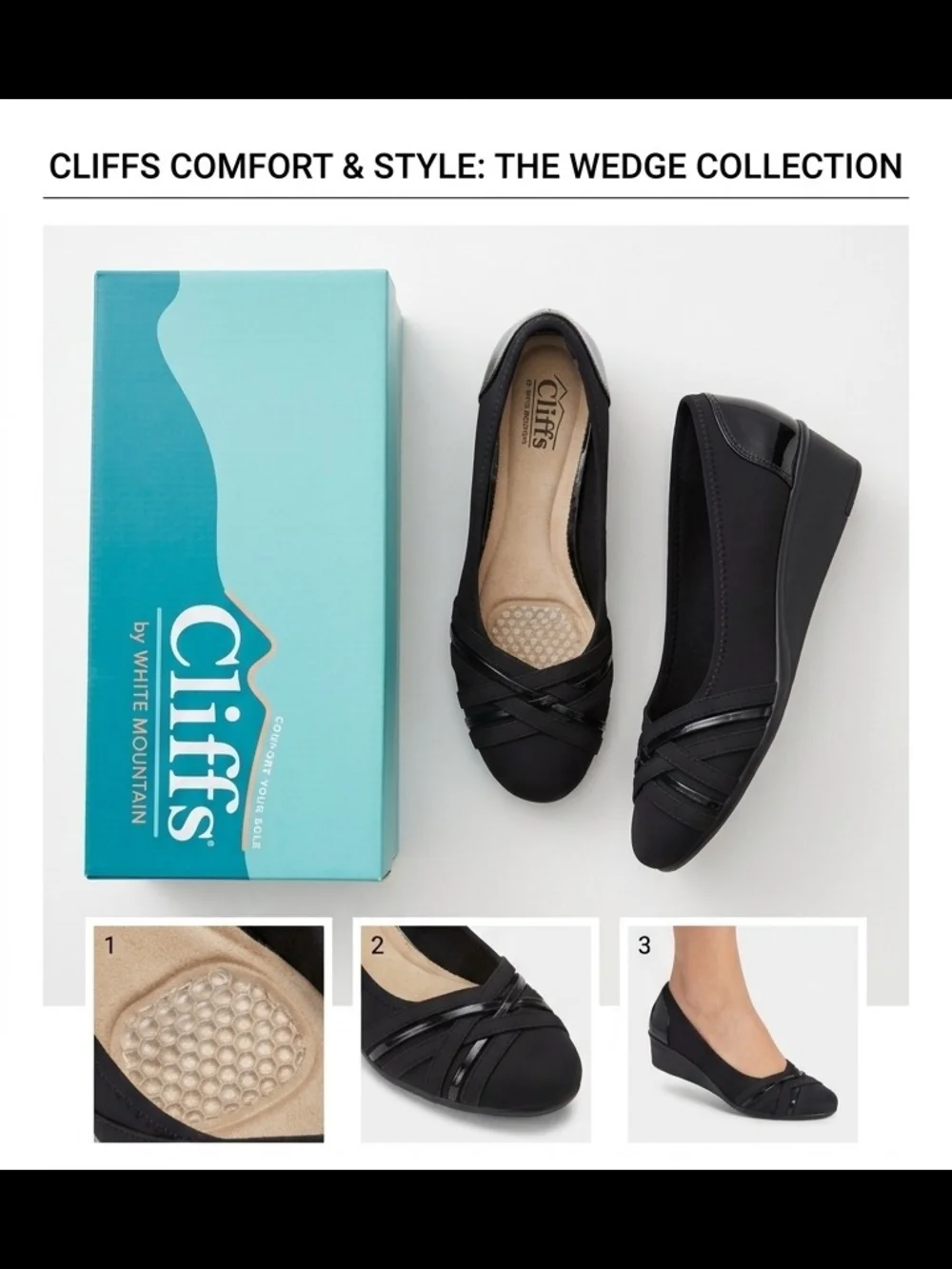 Cliffs by WHITE MOUNTAIN Black Low Wedge Crisscross Slip-Ons
